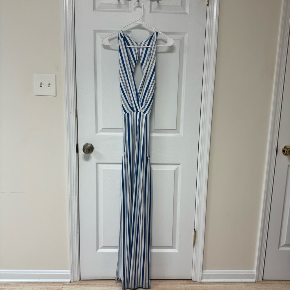 Blue and White Striped Maxi Dress with Open Back